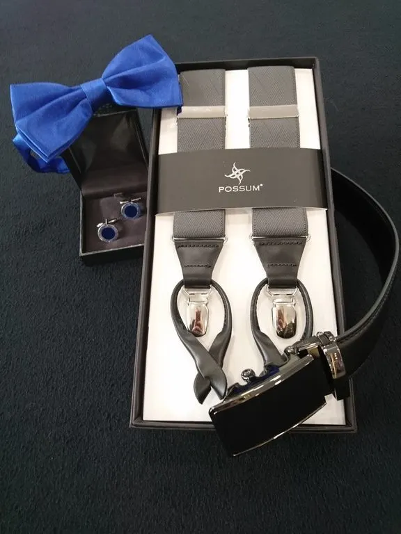 Set aus Fliege, Hosenträgern, Manschettenknöpfen und Gürtel